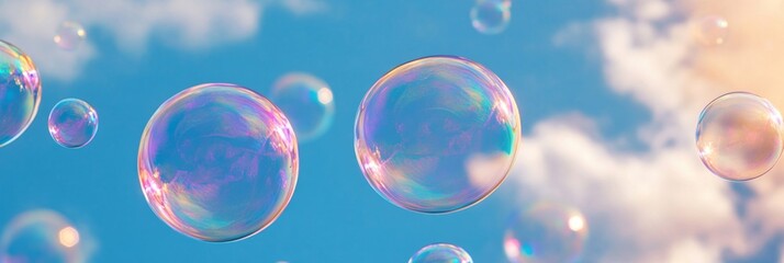 Soap Bubbles Floating Gracefully Against a Bright Blue Sky with Fluffy Clouds