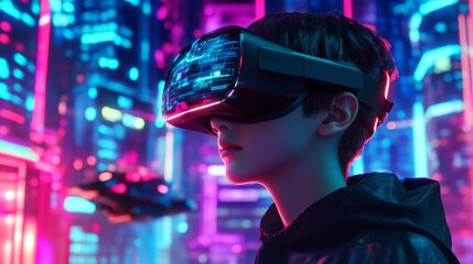 In augmented reality fantasy cyberspace, a boy wears VR glasses and armament while playing cybergame. Stock image of a boy in VR glasses and armament playing cybergame.