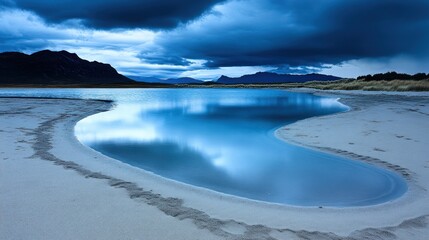A calm coastal inlet reflects the dramatic blue clouds and distant mountains on a sandy shoreline - AI Generated Digital Art.