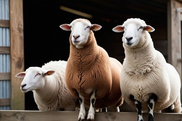 Three Colorful Sheep Watching from a Rustic Farm Background