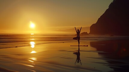 A woman practices yoga on a beach at sunset.