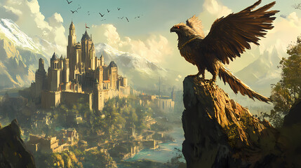 Fototapeta premium Mystical griffin perched on a cliff overlooking a kingdom. Griffin. Illustration