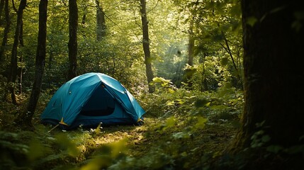 A bright blue camping tent stands in a lush green forest. Sunlight filters through the trees, creating a serene atmosphere. This image captures the essence of adventure and relaxation in nature. AI