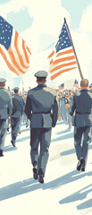 American soldiers in uniform marching with US flags at a military event, showcasing patriotism and unity on a clear day.