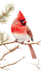 Fototapeta premium Beautiful Northern Cardinal perched on a snowy branch during winter, showcasing its vibrant red feathers and majestic presence.