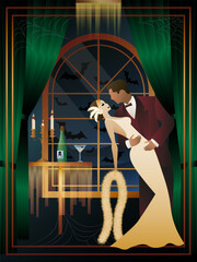 Retro Halloween party flyer. Retro couple of dancers, man and woman, characters in 30s-40s style. Day of the Dead concept