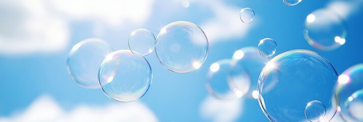 Soap Bubbles Floating Gracefully Against a Bright Blue Sky with Fluffy Clouds