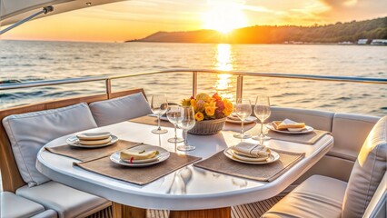 Fototapeta premium romantic dinner on motor yacht at sunset table