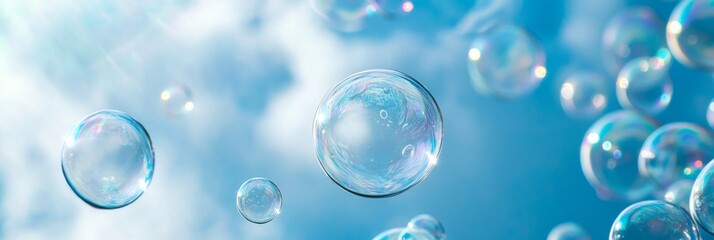 Soap Bubbles Floating Gracefully Against a Bright Blue Sky with Fluffy Clouds