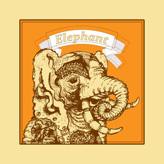 Fantasy image of an elephant with the inscription on top. Sketch. Icon, symbol, sign, label, card. Vector illustration