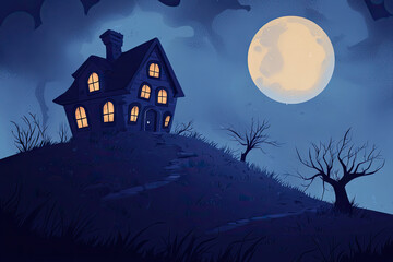 Fototapeta premium A solitary house perched atop a hill, bathed in the eerie glow of a full moon, whispers of mystery and forgotten secrets.