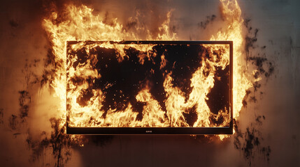 Modern Flat-screen TV Engulfed in Flames – Dramatic Fire and Smoke Scene