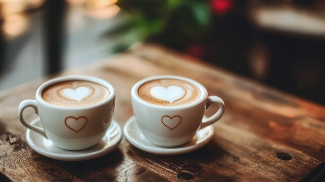 A pair of coffee cups with heart-shaped latte art on a cozy table