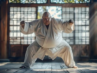 Overweight Martial Practicing Intense Movements in Dojo with Focused