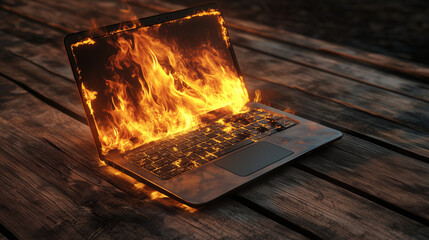 Burning Laptop on Rustic Wooden Desk – Intense Flames and Smoke