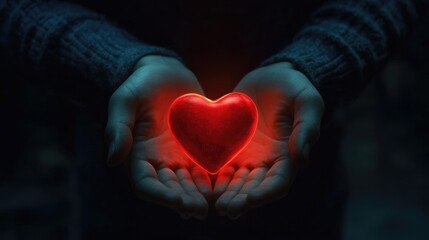 A person holding a glowing red heart in their hands in a dark room