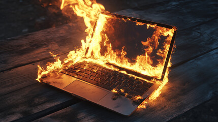 Burning Laptop on Rustic Wooden Desk – Intense Flames and Smoke