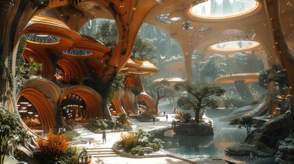 Fototapeta premium A futuristic cityscape with a lot of green plants and trees