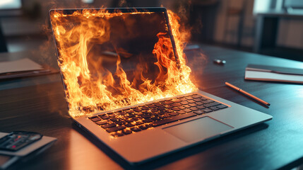 Burning Laptop on Rustic Wooden Desk – Intense Flames and Smoke