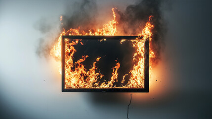 Modern Flat-screen TV Engulfed in Flames – Dramatic Fire and Smoke Scene