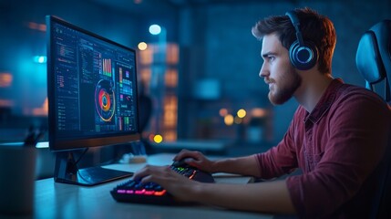 In this close-up shot, the video editor places headphones on in order to polish raw footage and improve audio quality. A videographer applies sound effects to a film while adjusting clips.