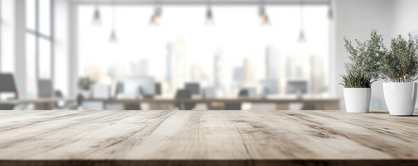 A modern workspace with a wooden desk, featuring potted plants and a bright, airy atmosphere perfect for productivity.