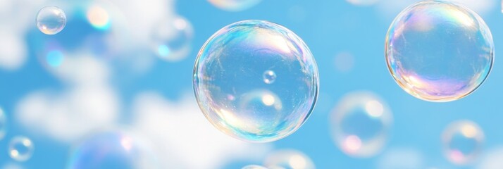 Soap Bubbles Floating Gracefully Against a Bright Blue Sky with Fluffy Clouds