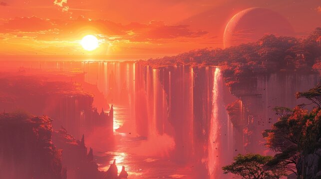 A beautiful sunset over a waterfall with a large planet in the background