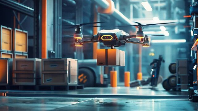 Drone flying through a warehouse, Futuristic parcel drone takes off on flight from warehouse to client waiting for package	