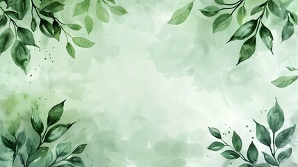 Nature Inspired Floral Frame with Verdant Leaves and Vines on Soft Green Watercolor Background