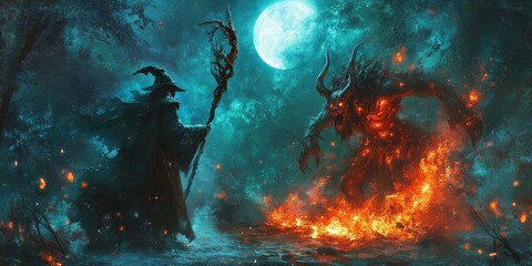 Fototapeta premium A wizard faces a fiery demon in a moonlit forest.