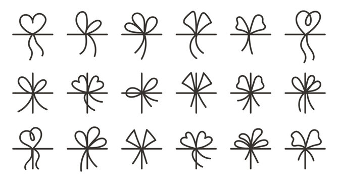 Simple bow doodle set. Line bows on ribbon. Bow on string set decoration. Bowknot for package, letter. Illustration