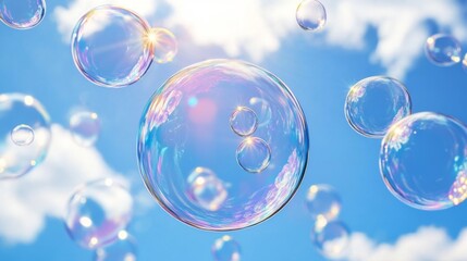 Transparent soap bubbles float gracefully in a clear blue sky with fluffy white clouds