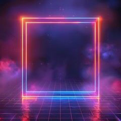 Obraz premium Neon Framed Futuristic Tech Landscape with Glowing Grid Pattern on Dark Background