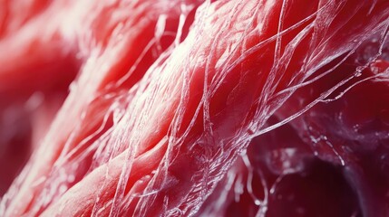 Close-up view of textured muscle fibers showcasing intricate details and patterns of raw meat for culinary or scientific use.