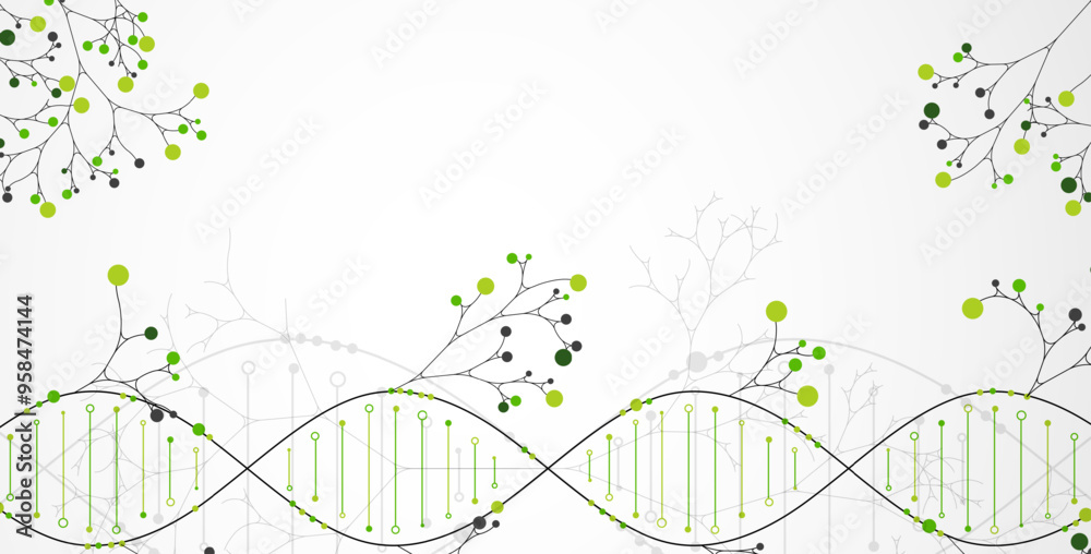 Poster scientific medical background with abstract image of dna molecule and tree branches. hand drawn vect