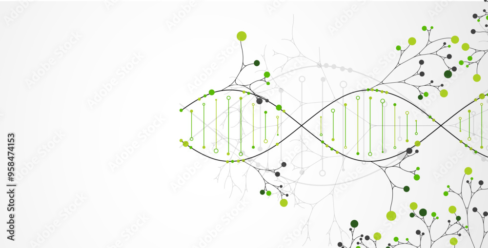 Poster Scientific medical background with abstract image of dna molecule and tree branches. Hand drawn vector illustration.