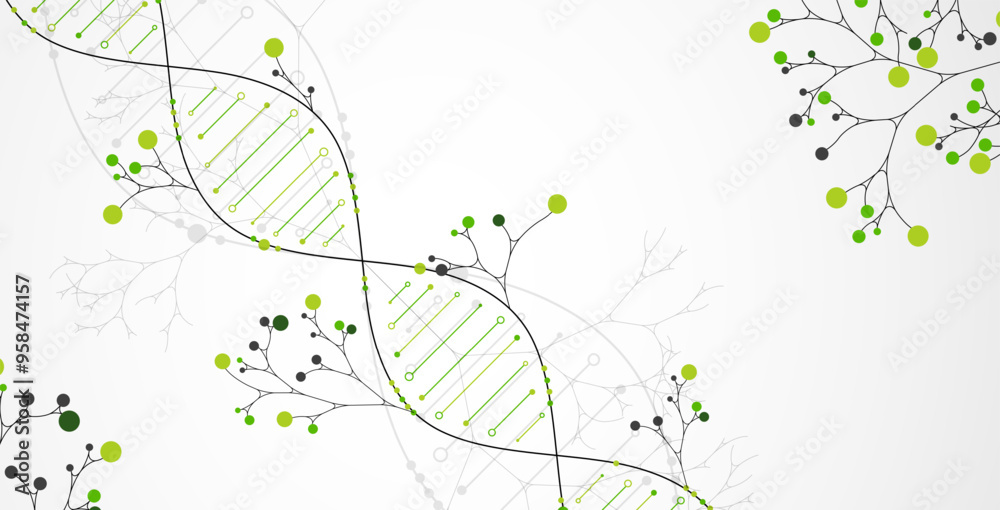 Poster scientific medical background with abstract image of dna molecule and tree branches. hand drawn vect