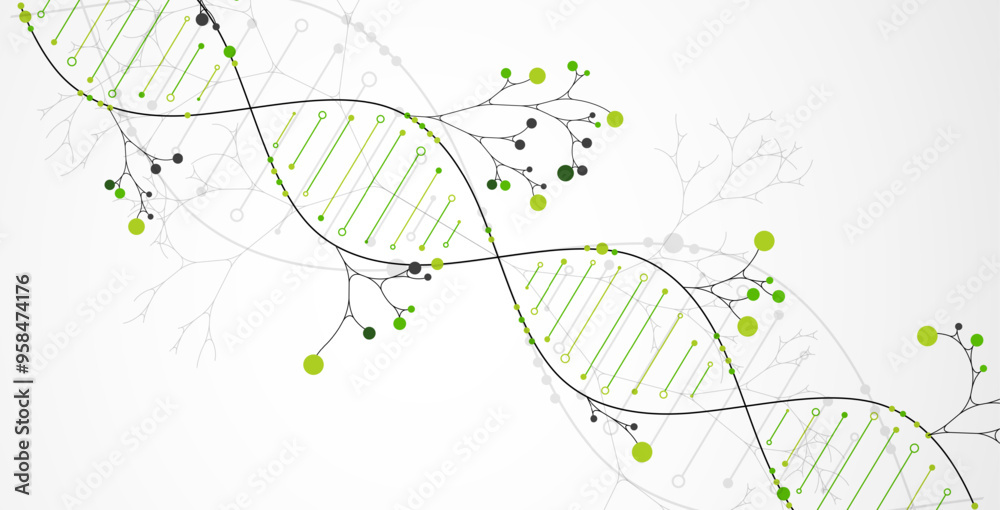 Poster Scientific medical background with abstract image of dna molecule and tree branches. Hand drawn vector illustration.