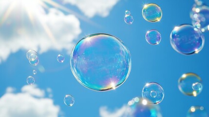 Transparent soap bubbles float gracefully in a clear blue sky with fluffy white clouds