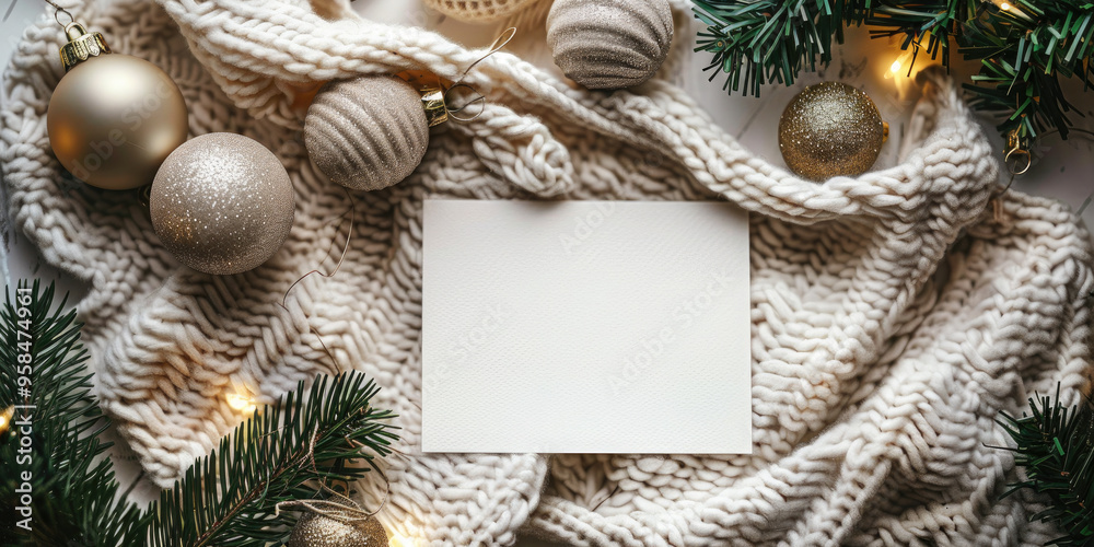 Sticker Blank christmas card is laying on a knitted blanket and surrounded by festive decorations with warm string lights, creating a cozy winter holidays mood. Flat lay, top view. Copy space. Mock up