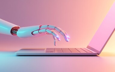 Robotic Hand Typing on Laptop Keyboard with Soft Pink and Blue Gradient Background