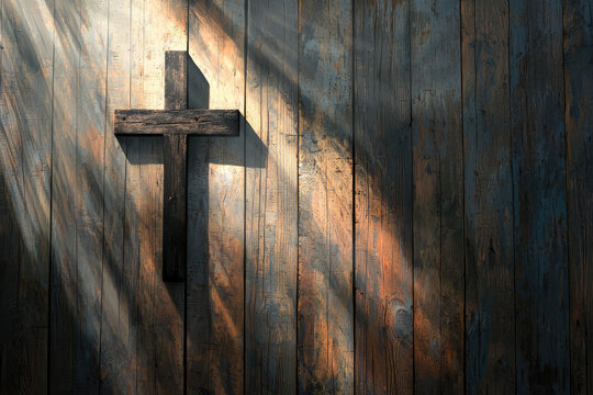 A weathered wooden cross hangs against a backdrop of rustic wood planks, bathed in ethereal light, evoking a sense of faith and hope.