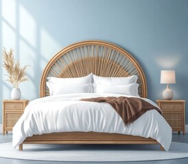 Scandinavian-Style Bedroom with Light Blue Walls, White Bed Linens, and Bedside Tables with Lamps