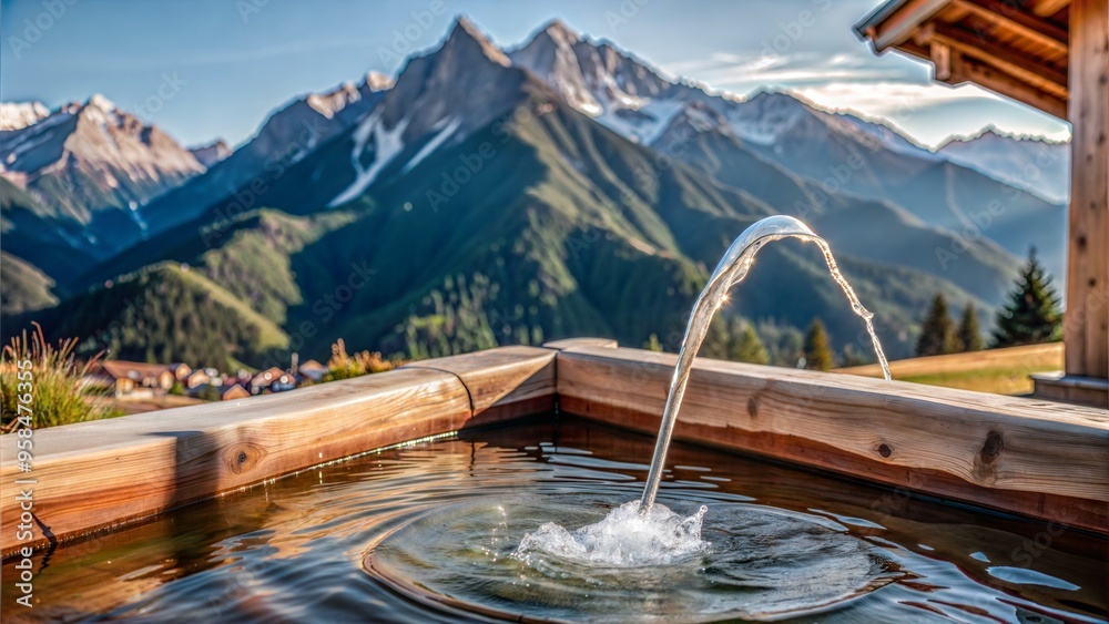 Sticker  water spring on alps mountains background