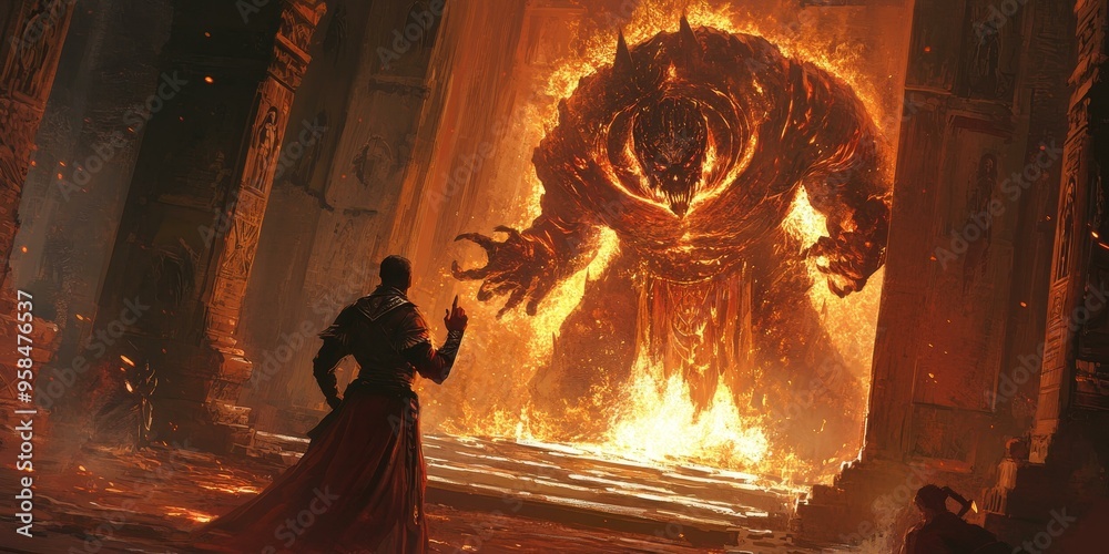 Wall mural man confronts fiery monster in ancient ruins.