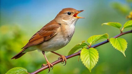 A nightingale's melodious trills fill the air as it perches confidently on a leafy branch, its feathers a