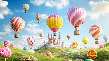 Obraz premium Colorful hot air balloons are floating in the sky from the grassland where lollipops and chocolates grow and the castle made of candy on background, In a fairy tale world