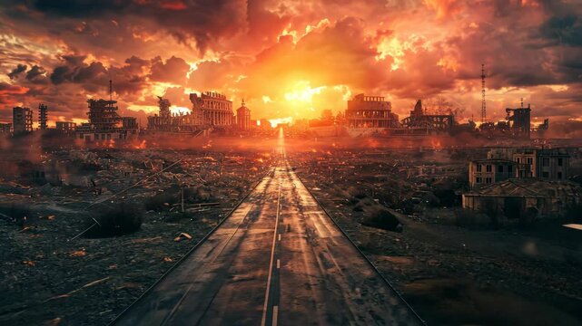 Desolate cityscape at twilight shows post-apocalyptic ruins and burning buildings