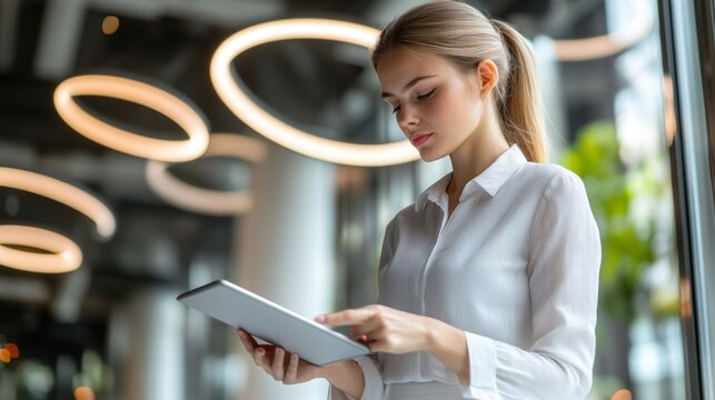 On a digital tablet, a girl surfs the Web while a woman checks her email. Selective focus, film effect, blurred background.